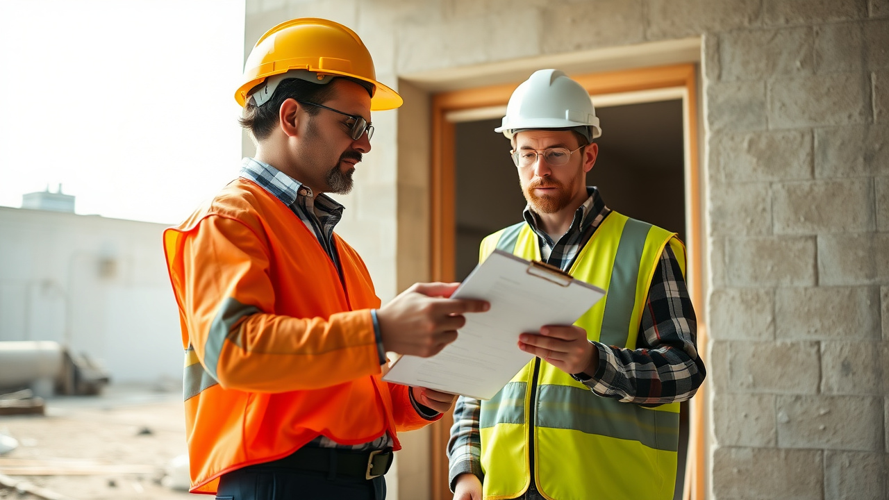 A contractor and client reviewing a licensing checklist together at a job site