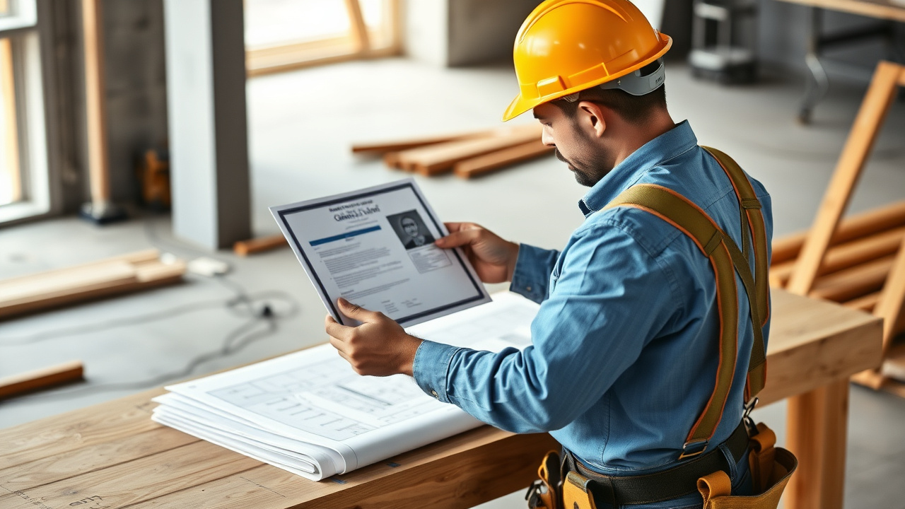 A general contractor reviewing an official license certificate and blueprints on a job site